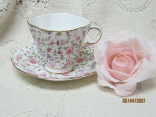 Vintage R Clarence Bone China Teacup And Saucer Pink Briar Rose Chintz England