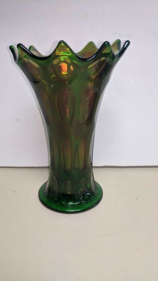 Vintage Scallop Fenton Green Carnival Glass Thumbprint Vase Iridescent 7 1/2 In