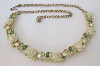 Vintage Carved White Celluloid Flower Link Necklace