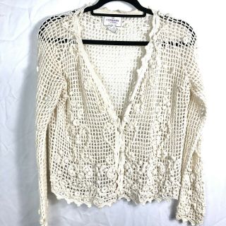Express Vintage Woman’s Tricot Hand Knitted Cream Cotton Cardigan Size Xsmall