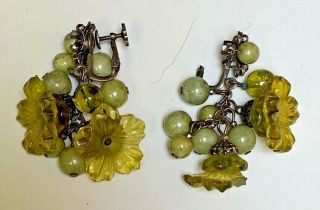 Miriam Haskell Vintage 1960 Green Blown Glass Flower Pearl Screw Clip Ears