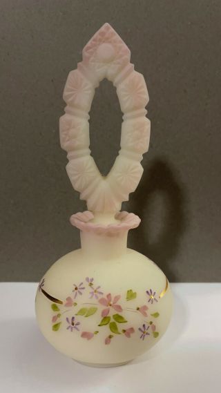 Fenton Art Glass Pink Satin Perfume Bottle Flower Hand Painted 7 1/2 "