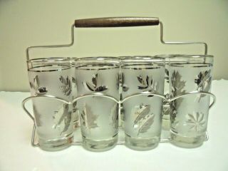 Vintage Libbey Set Of 8 Silver Leaf Frosted Glasses With Rack 1953 - 1978