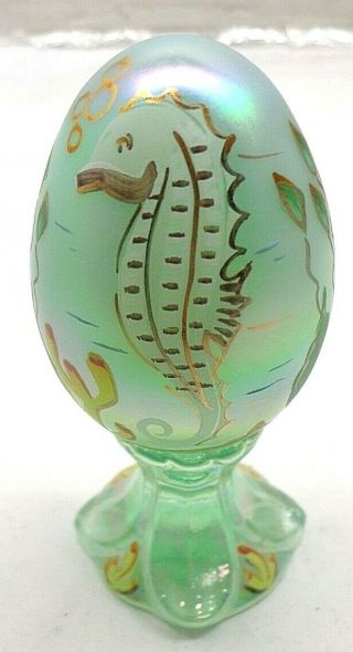 FENTON EGG ON STAND 5146 J4 Iridescent Green Seahorse Signed L/E 1600/3000 2