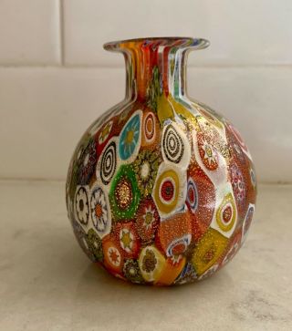 Small Murano Italy Millefiori Art Glass Bud Vase In Reds W/ Gold