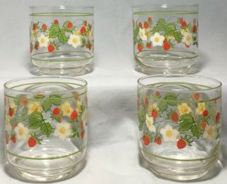 Vintage 4 Libbey Strawberries Juice Glasses Strawberry Blossoms Marked Rare Euc