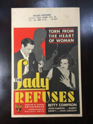 The Lady Refuses - Betty Compson (1931) Us Window Card Movie Poster