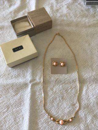 Vintage Avon Necklace And Earring Set Goldtone & Blush Pink Stones