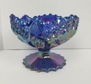 Vtg Fenton Blue Iridescent Carnival Glass Compote Pedestal Bowl Pinwheel Star
