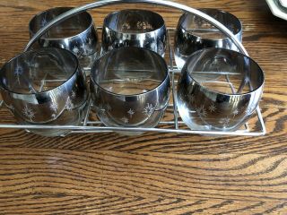 Vtg 6 Roly Poly Mcm Silver Fade Etched Starburst Glasses With Caddy - Barware