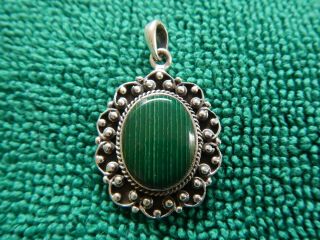 Vintage Sterling Silver Blue Green Banded Agate Malachite Polished Stone Pendant