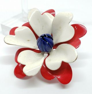 Vintage Mid Century Modernist Red White & Blue Enamel Patriotic Flower Brooch