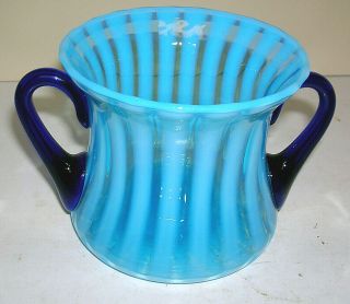 Vintage Fenton Rib Optic Blue Opalescent Sugar Bowl W/ Cobalt Handles 3 " Tall