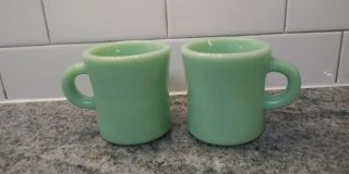 Two Vintage Jadeite Fire King Coffee Cups Mugs With Green D Handles