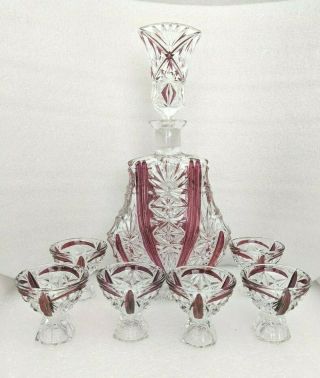 Ej.  Vintage Bohemian Hand Cut Crystal Red Czech Decanter With 6 Glasses Set