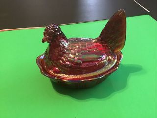 Vtg Fenton Art Glass Hen On A Nest Dish Iridescent Carnival Chicken Signed Rare