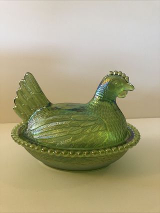 Hen On Nest Indiana Glass Covered Dish Lime Green Carnival With Box