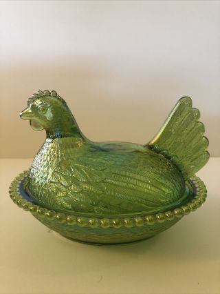 Hen on Nest Indiana Glass Covered Dish Lime Green Carnival With Box 3
