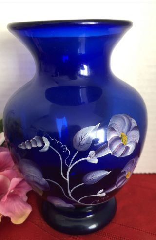 Fenton Floral Hand Painted Cobalt Glass Vase Signed D Gena