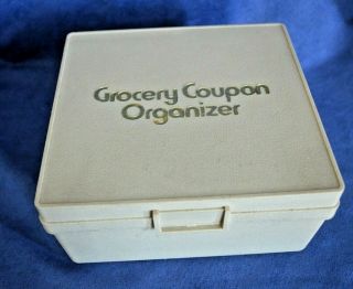 Vintage Grocery Coupon Organizer Box Plastic Gold Colored Lettering Beige