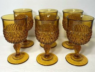 Vintage Indiana Glass Amber Diamond Point Goblets Set 6