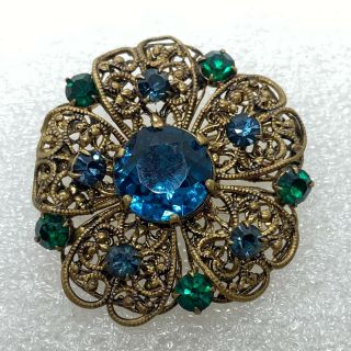 Vintage Flower Brooch Pin Blue Green Rhinestones Filigree Costume Jewelry