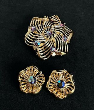 Vtg Lisner Set Of Brooch & Clip On Earrings Gold Tone Ab Stone Flower C03