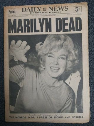 Marilyn Monroe Death - Movies - Hollywood - 1962 York Daily News Newspaper