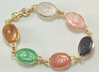 Vintage Coro Signed Carved Stone? Gold Tone Bracelet W Greens Pinks & More
