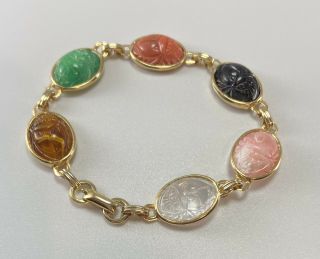 Vintage Coro Signed Carved Stone? Gold Tone Bracelet W Greens Pinks & More 2