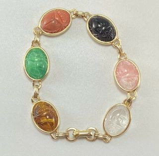 Vintage Coro Signed Carved Stone? Gold Tone Bracelet W Greens Pinks & More 3