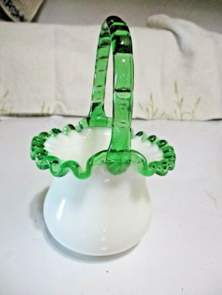 Vintage Pre Logo Fenton Art Glass Emerald Green Crest Basket Milk Glass Mini
