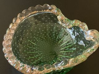 Stunning Vintage Murano Italian Glass Bowl Green Gold Fleck Bubble Rolled Shell