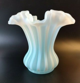 Rare Fenton Blue Opalescent Rib Optic Striped Ruffle Rim Art Glass Vase 6 "