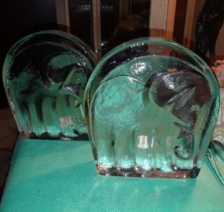 Vintage Blenko Joel Myers Mid Century Clear Glass Elephant Bookends