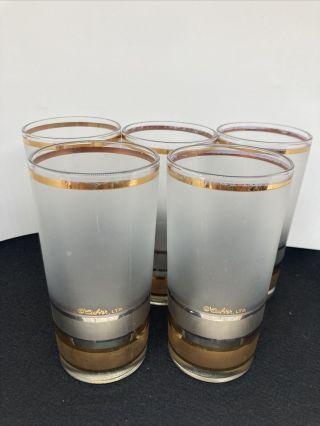 Set Of 5 Vintage Culver Ltd 22k Gold Frosted Highball Glasses Gold Silver Stripe
