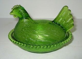 Vintage Indiana Green Glass Hen On A Nest Chicken Covered Candy Dish 7.  5 " L