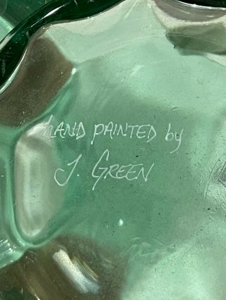 Vintage Fenton Glass Green Pitcher Hand Painted By J.  Green Signed / Marked 6.  5 "