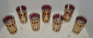 7 Vintage Culver Cranberry & Gold Scroll Highball Glasses Tumblers