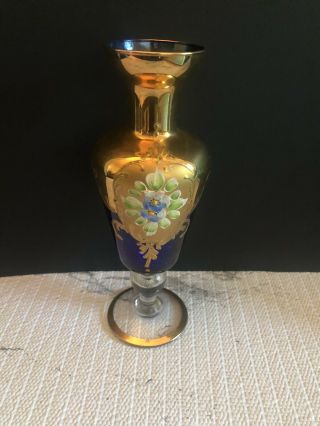 Bohemian Cobalt Blue And Clear Glass Vase With Gold Enamel Hand - Painted Flowers