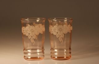Set Of 2 Vintage Macbeth - Evans Glass Pink Dogwood 12 Oz Ice Tea Tumblers C.  1930