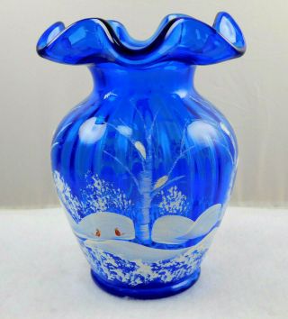 Vintage Fenton Cobalt Blue Winter Scene Ruffled Vase Signed D.  Fredrick