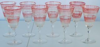 (8) Vintage Mid Century Modern,  Red/white Striped Tapered Goblets 10 Oz.