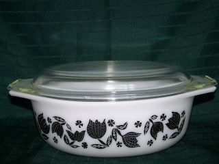 Vintage Pyrex Black & White Tulip Oval Casserole Dish W/lid 043 1957 1 1/2 Quart