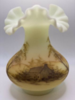 Vintage Fenton Custard Hand Painted Log Cabin Ruffle Vase Signed