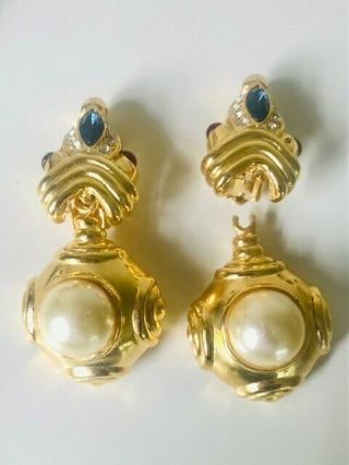 Vintage Gold Tone Rhinestone & Crystal & Pearl Dangle Clipon Earrings Repair