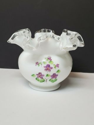 Vintage Fenton Violets In The Snow Ruffled Crest Bowl Hand Painted Signed