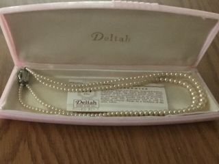 Vintage Deltah Faux Pearl Necklace 8 1/2 " W/ Pink Plastic Jewelry Box & Papers
