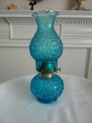 Vintage L E Smith Aqua Blue Daisy And Button Oil Lamp 12 " Tall