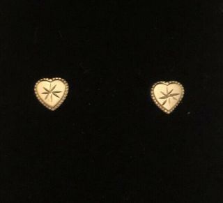Vintage Solid 14k Yellow Gold Diamond - Cut Etched Heart Stud Earrings